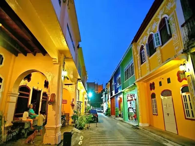 Colorful Sino-Portuguese shophouses on Thalang Road in Phuket Old Town