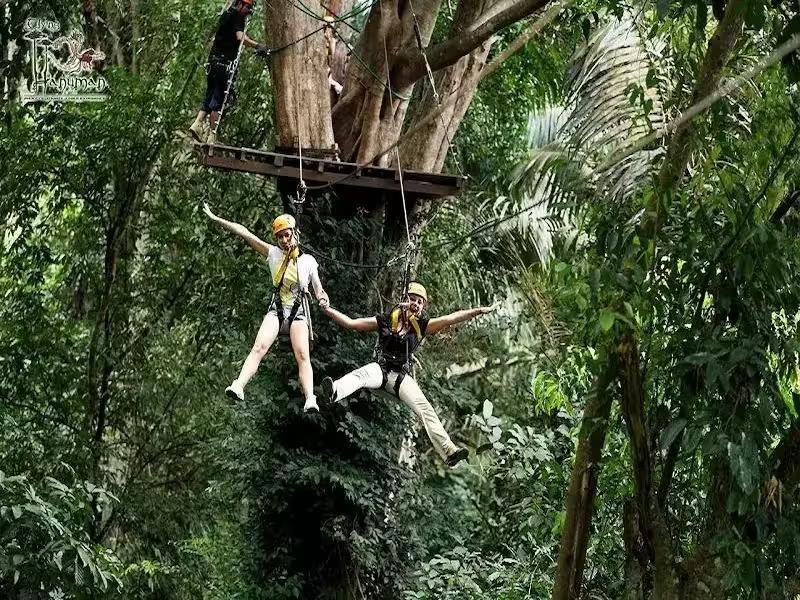 Guests ziplining through the lush rainforest canopy on the Hanuman World adventure course in Phuket
