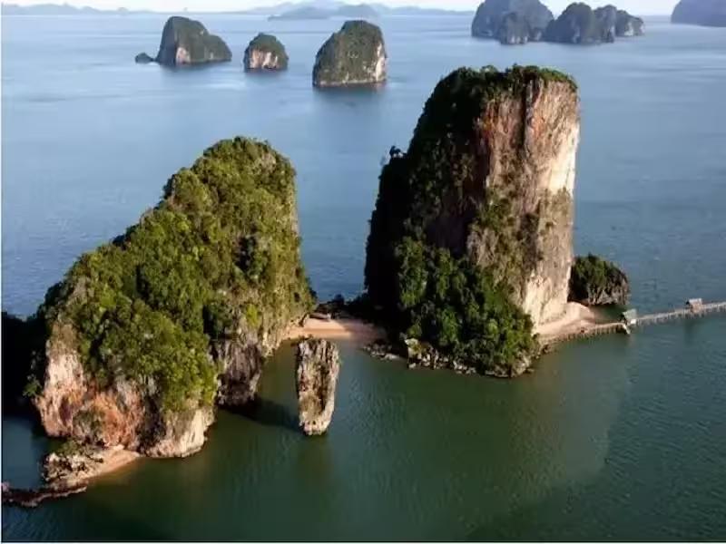 The famous Needle Rock (Ko Tapu) at James Bond Island in Phang Nga Bay, viewed from the water.