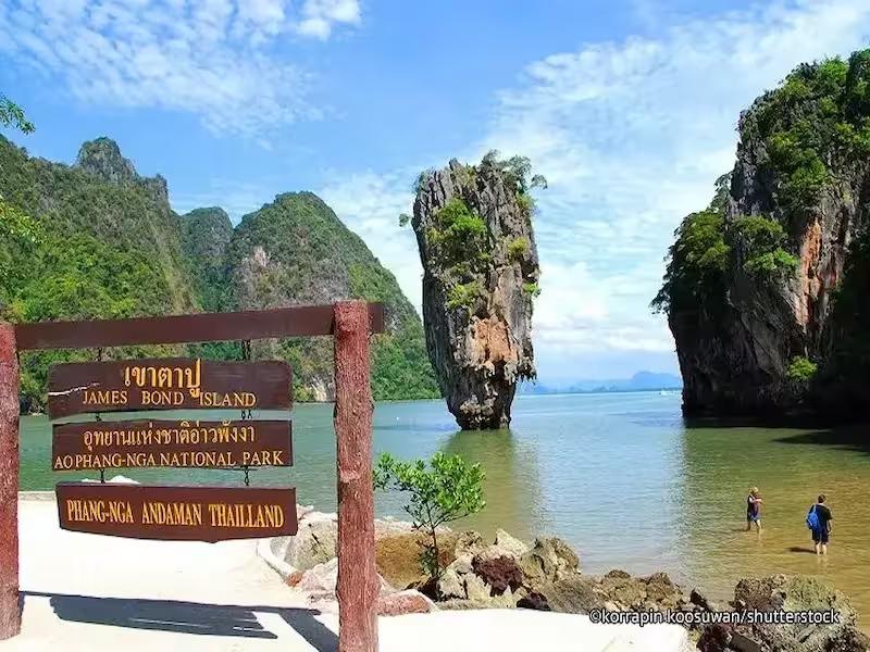 The iconic limestone karst of James Bond Island (Khao Phing Kan) rising from the emerald waters of Phang Nga Bay, Thailand