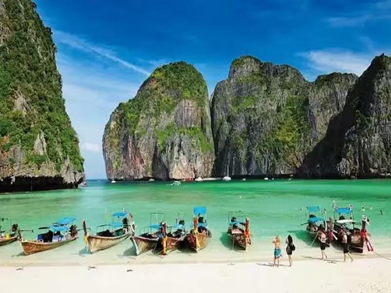 Aerial view of the stunning Maya Bay on Phi Phi Leh, famous from the movie The Beach, with its white sand and emerald water
