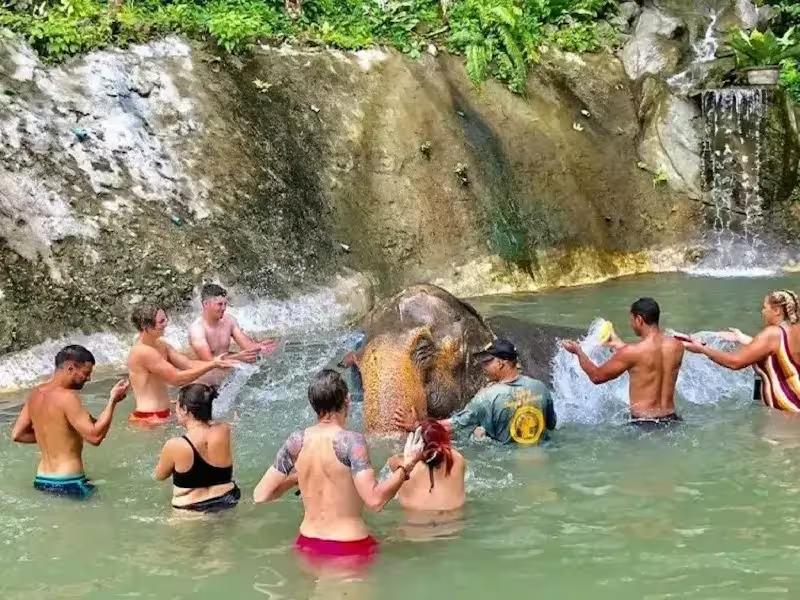Tourists bathing and playing with an elephant in a river