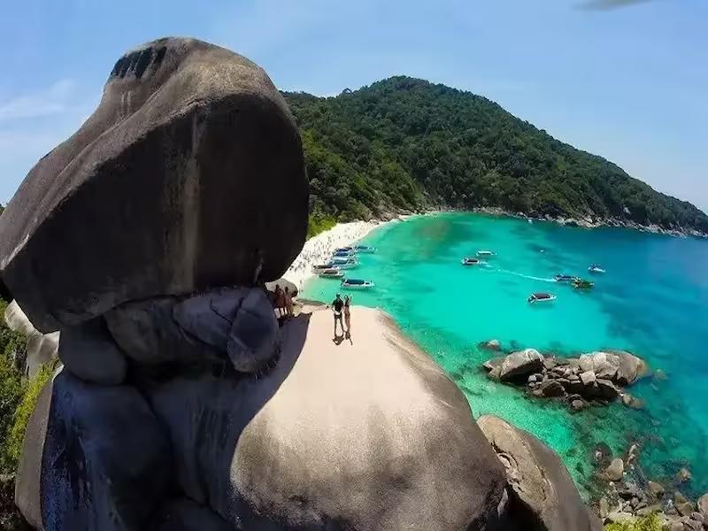 Aerial view of the famous white sand beach and iconic sail rock at Koh Similan, Similan Islands
